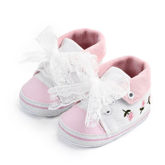 Baby Girl Shoes with White Lace Floral Embroidered Soft Shoes