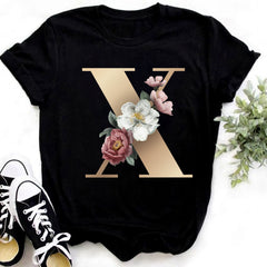 Custom Name Letter Combination Fashion Women T-shirt Flower