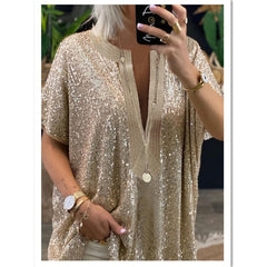 Women t shirt Blouse Sequins V neck Short Sleeve