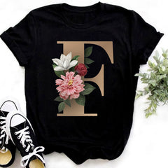 Custom Name Letter Combination Fashion Women T-shirt Flower