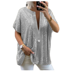 Women t shirt Blouse Sequins V neck Short Sleeve