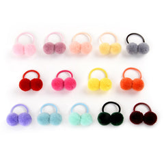 14pcs of 1.4" Small Solid Double Fur Ball With Elastic Rope Handmade Hair Band For Kids Girls