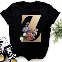 Custom Name Letter Combination Fashion Women T-shirt Flower