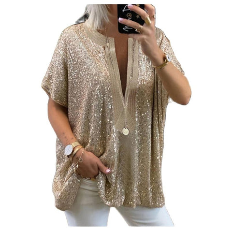 Women t shirt Blouse Sequins V neck Short Sleeve