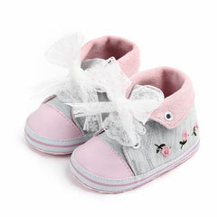 Baby Girl Shoes with White Lace Floral Embroidered Soft Shoes