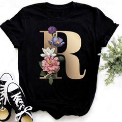 Custom Name Letter Combination Fashion Women T-shirt Flower