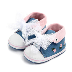 Baby Girl Shoes with White Lace Floral Embroidered Soft Shoes