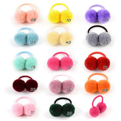 14pcs of 1.4" Small Solid Double Fur Ball With Elastic Rope Handmade Hair Band For Kids Girls