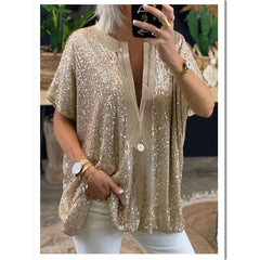 Women t shirt Blouse Sequins V neck Short Sleeve