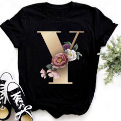 Custom Name Letter Combination Fashion Women T-shirt Flower