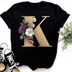 Custom Name Letter Combination Fashion Women T-shirt Flower