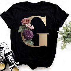 Custom Name Letter Combination Fashion Women T-shirt Flower