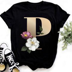 Custom Name Letter Combination Fashion Women T-shirt Flower