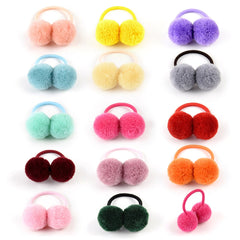 14pcs of 1.4" Small Solid Double Fur Ball With Elastic Rope Handmade Hair Band For Kids Girls