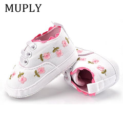 Baby Girl Shoes with White Lace Floral Embroidered Soft Shoes