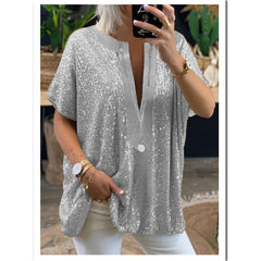 Women t shirt Blouse Sequins V neck Short Sleeve