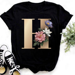 Custom Name Letter Combination Fashion Women T-shirt Flower