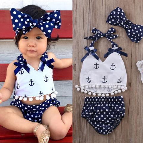 Baby Girls Rompers Clothes Sets Anchors Bow Top+Polka