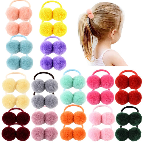 14pcs of 1.4" Small Solid Double Fur Ball With Elastic Rope Handmade Hair Band For Kids Girls