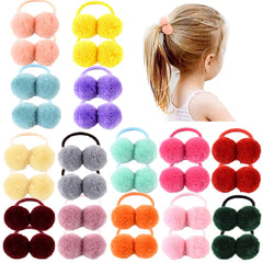 14pcs of 1.4" Small Solid Double Fur Ball With Elastic Rope Handmade Hair Band For Kids Girls