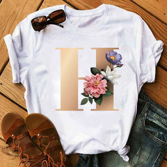 Custom Name Letter Combination Fashion Women T-shirt Flower