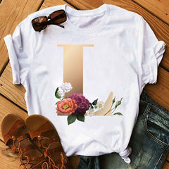 Custom Name Letter Combination Fashion Women T-shirt Flower