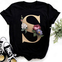 Custom Name Letter Combination Fashion Women T-shirt Flower