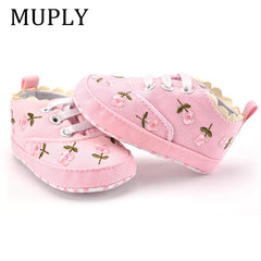 Baby Girl Shoes with White Lace Floral Embroidered Soft Shoes