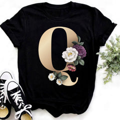 Custom Name Letter Combination Fashion Women T-shirt Flower