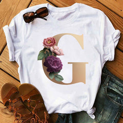 Custom Name Letter Combination Fashion Women T-shirt Flower