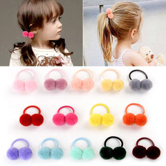 14pcs of 1.4" Small Solid Double Fur Ball With Elastic Rope Handmade Hair Band For Kids Girls