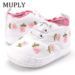 Baby Girl Shoes with White Lace Floral Embroidered Soft Shoes