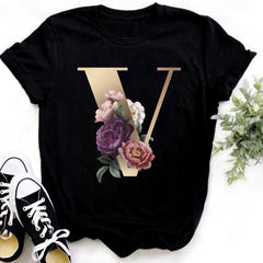 Custom Name Letter Combination Fashion Women T-shirt Flower