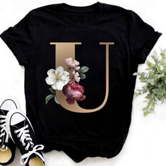 Custom Name Letter Combination Fashion Women T-shirt Flower