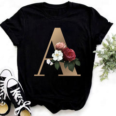 Custom Name Letter Combination Fashion Women T-shirt Flower