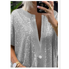 Women t shirt Blouse Sequins V neck Short Sleeve