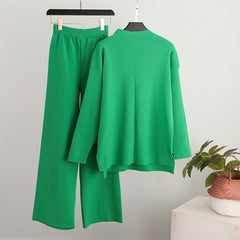 Casual Female Solid 2 Piece Pant Outfits Long Sleeve Top And Wide Leg Pants