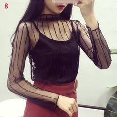 T Shirt Lace Flower under Shirt Long sleeve transparent Tshirt Sexy Black Lace See through