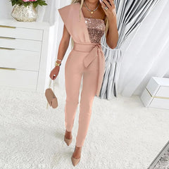 Jumpsuit Women Fashion Sequins Patchwork Short Sleeve Slim Bodycon Outfits Lady Elegant Sexy One Piece Party Overalls