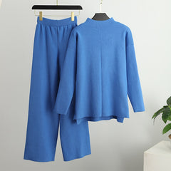 Casual Female Solid 2 Piece Pant Outfits Long Sleeve Top And Wide Leg Pants