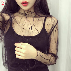 T Shirt Lace Flower under Shirt Long sleeve transparent Tshirt Sexy Black Lace See through