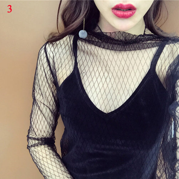 T Shirt Lace Flower under Shirt Long sleeve transparent Tshirt Sexy Black Lace See through