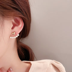 Elegant Metal Heart-Shaped Back Hanging Pearl Earrings