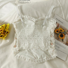 Summer French Print Lace Cami Crop Tank