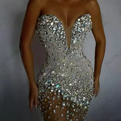 Luxury Shiny Cystal Beaded Silver Short V-Neck Prom Gowns