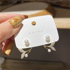 Elegant Metal Heart-Shaped Back Hanging Pearl Earrings