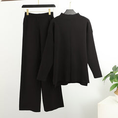 Casual Female Solid 2 Piece Pant Outfits Long Sleeve Top And Wide Leg Pants