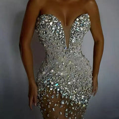 Luxury Shiny Cystal Beaded Silver Short V-Neck Prom Gowns