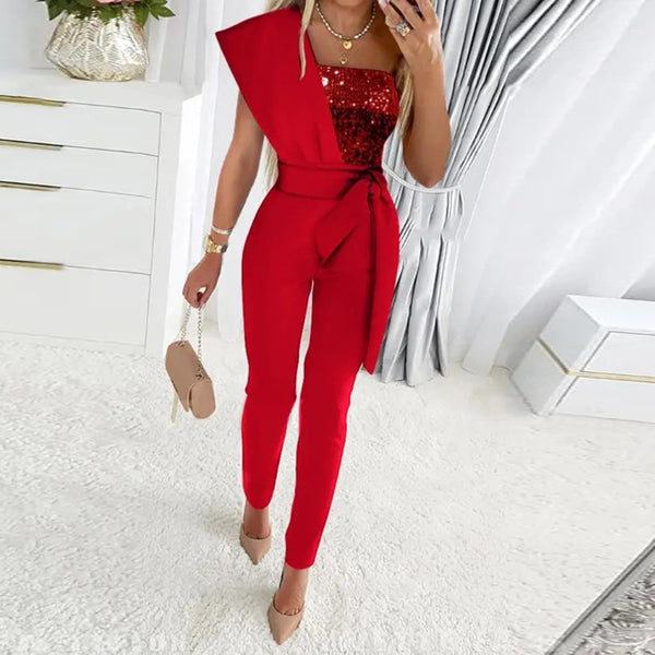 Jumpsuit Women Fashion Sequins Patchwork Short Sleeve Slim Bodycon Outfits Lady Elegant Sexy One Piece Party Overalls