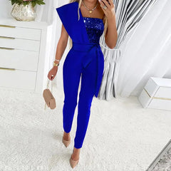 Jumpsuit Women Fashion Sequins Patchwork Short Sleeve Slim Bodycon Outfits Lady Elegant Sexy One Piece Party Overalls